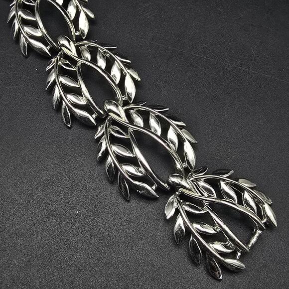 Silver Tone Ivy Leaves Link Bracelet Vintage Costume Jewelry - Picture 2 of 9